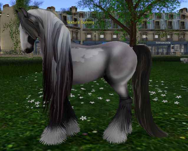 A screenshot from the game SecondLife, showing the side profile of a heavily modded Teegle animated horse pet. The horse is silver in color with a darker-colored face and legs and a large white patch on its shoulder. The horse is facing to the left and now has a long white and black striped mane and tail.