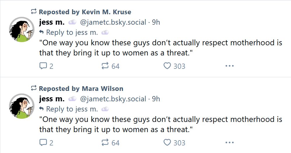 The same skeet shared by Kevin Kruse and Mara Wilson within seconds of each other from my timeline. The skeet reads: "One way you know these guys don't actually respect motherhood is that they bring it up to women as a threat."