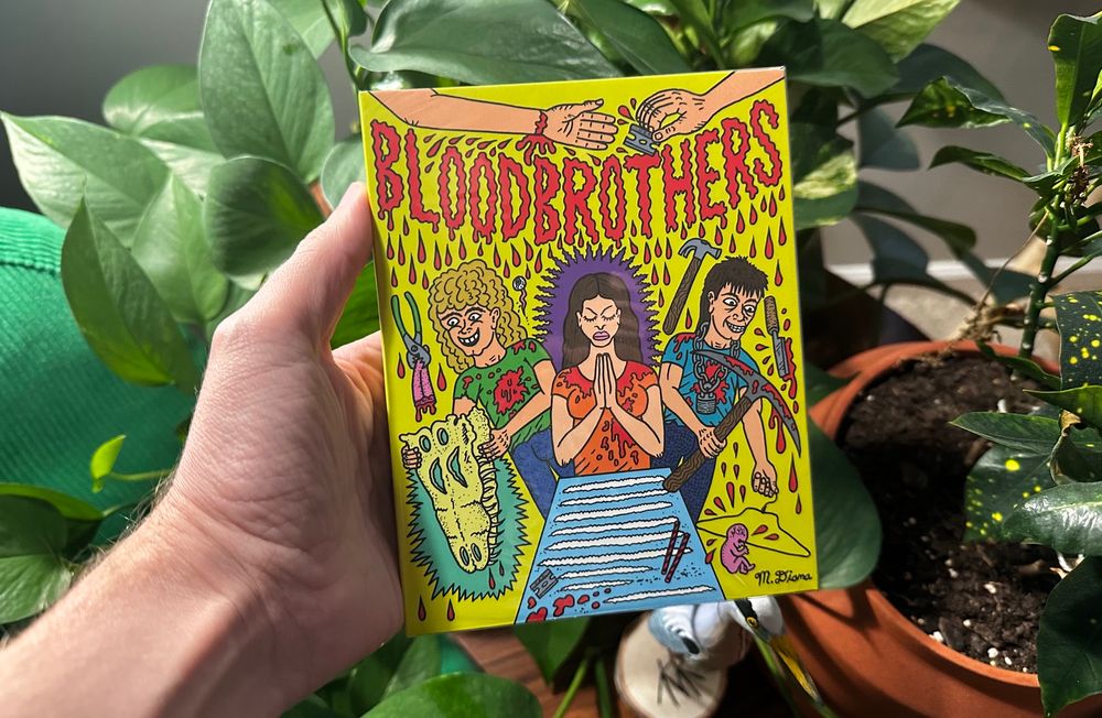 A hand holding a blu-ray. Its cover in garish yellow with blood red letter: Blood Brothers. The cover is wild with drugs and violence and scary teens.
