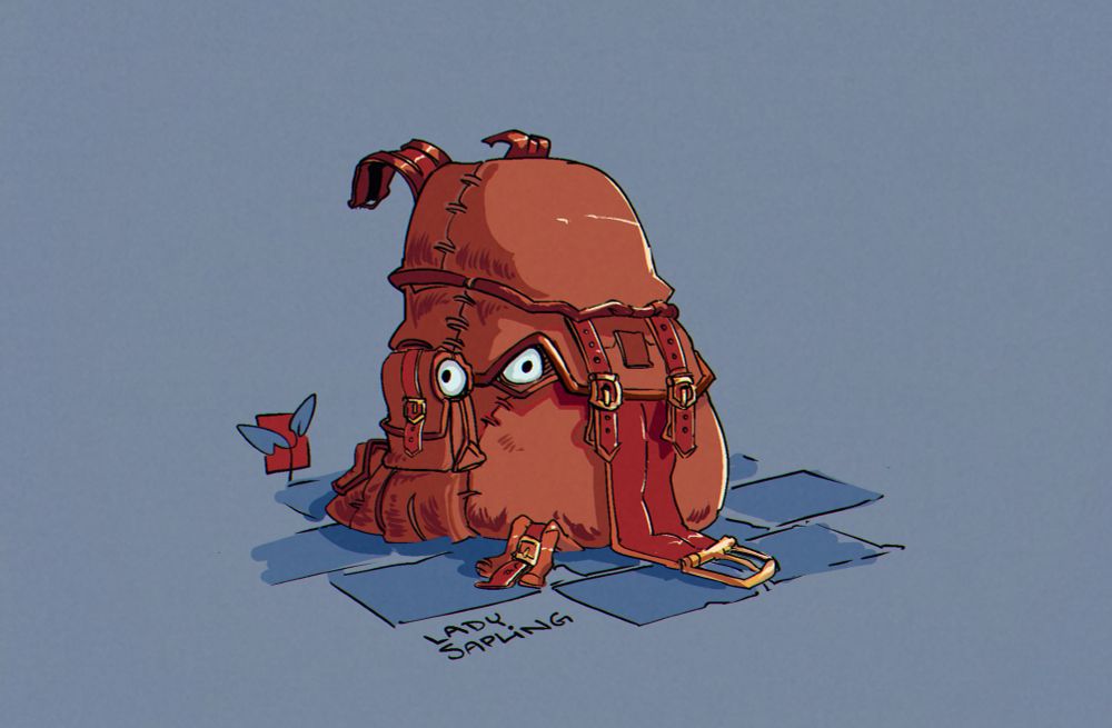 A dilapidated backpack sporting a pair of eyes.