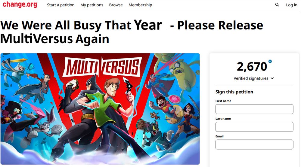 edit of a change.org petition to bring back the game concord edited to say "We Were All Busy That Year - Please Release MultiVersus Again" with splash art for the game prominently featured