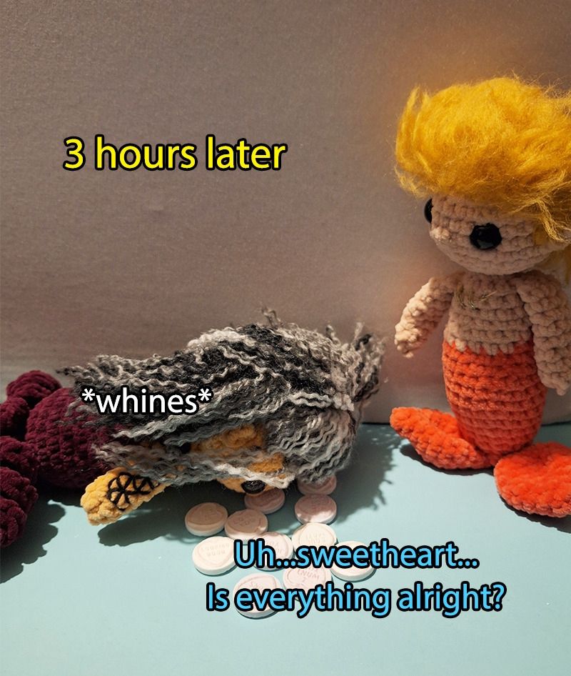 The caption says 3 hours later (uh oh) OctoEd is face down on the candies and the text near him says *whines* MerStede is here and is lookinh on, concerned. He says "Uh...sweetheart...is everything alright?"