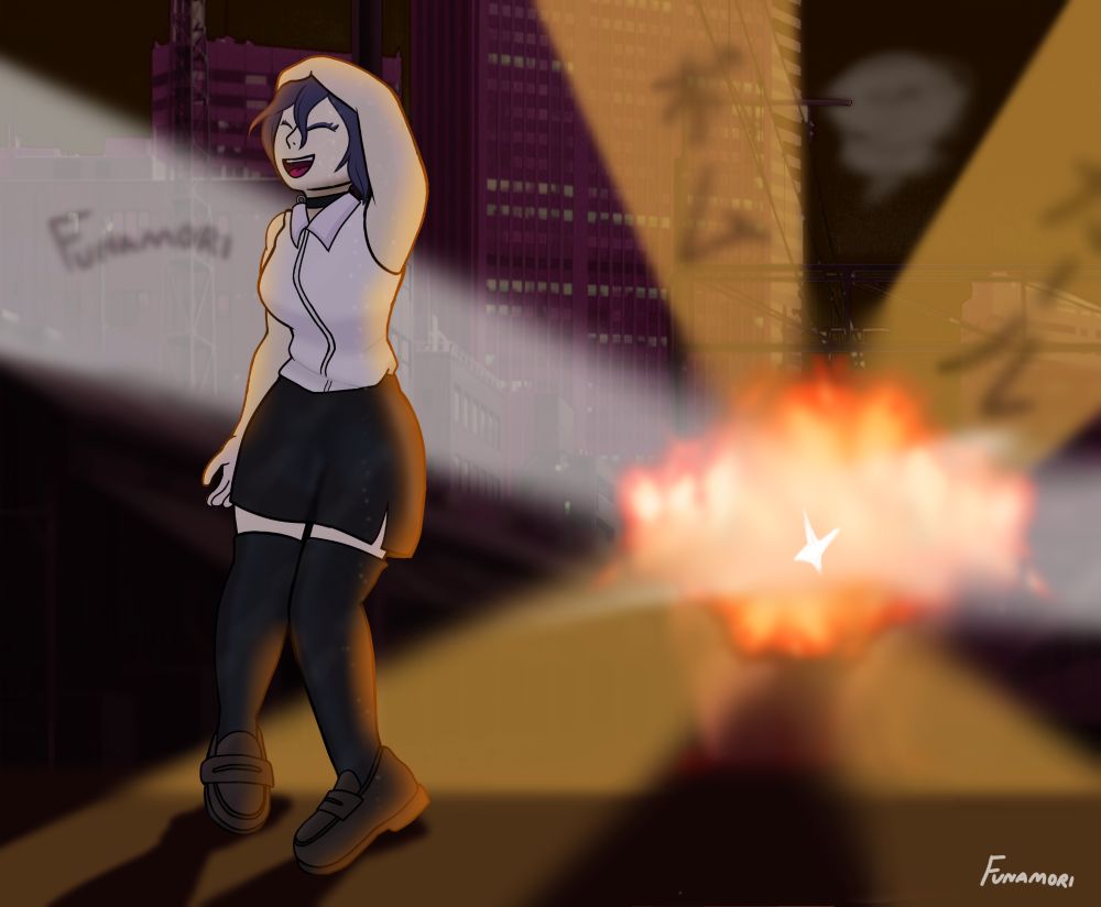 Reze from Chainsaw Man, laughing as a large explosion rocks a cityscape behind her. Orange and white rays of light shoot out of the explosion, with the words "Bomb Girl" written in them. She's backlit by the explosion as she walks off into the night.

笑っているチェンソーマンからのレゼ。彼女の後ろの大きな建物が爆発しています。オレンジ色の光線では「ボムガール」が書かれています。