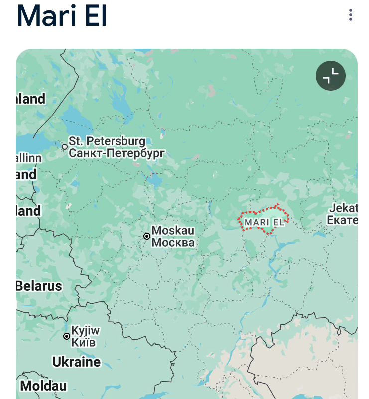Karte von Zentralrussland mit Mari El etwa auf halbem Wege zwischen Moskau und Jekaterinburg. 