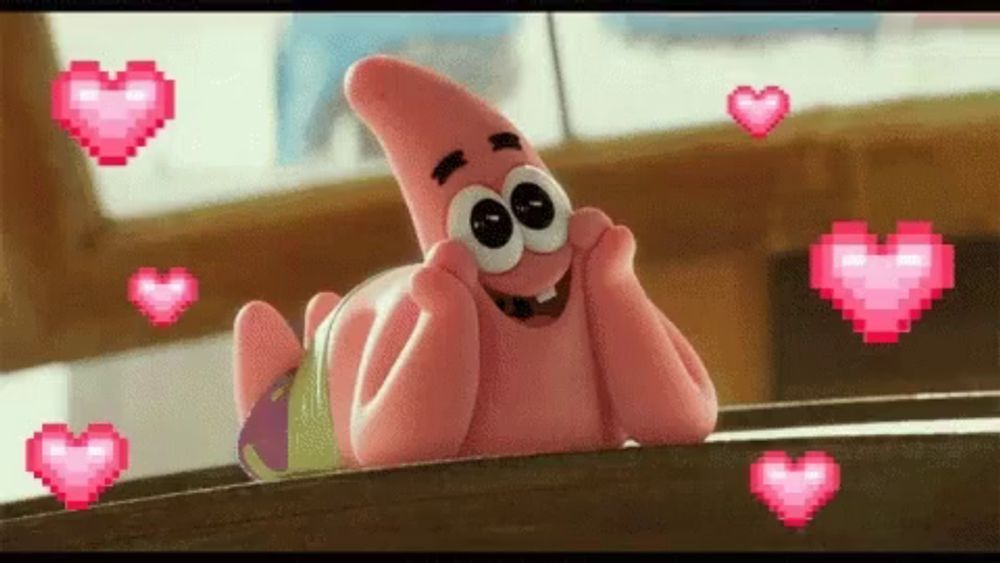 patrick star from spongebob squarepants is surrounded by pink hearts