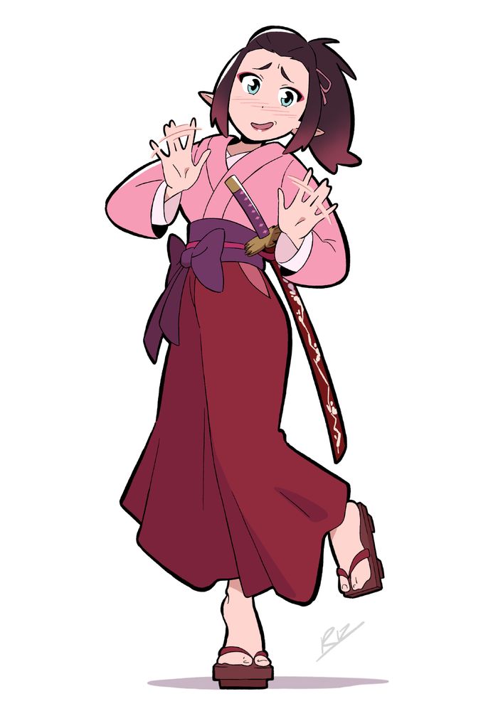 A stylized anime-style character with short dark hair and ice-blue eyes, wearing a traditional pink kimono top and dark red hakama pants, tied with a purple sash. She has a sheathed katana tucked into the sash and is wearing wooden sandals. They have a nervous or surprised expression, with both hands raised in a defensive gesture and one foot lifted slightly off the ground. The background is plain white.