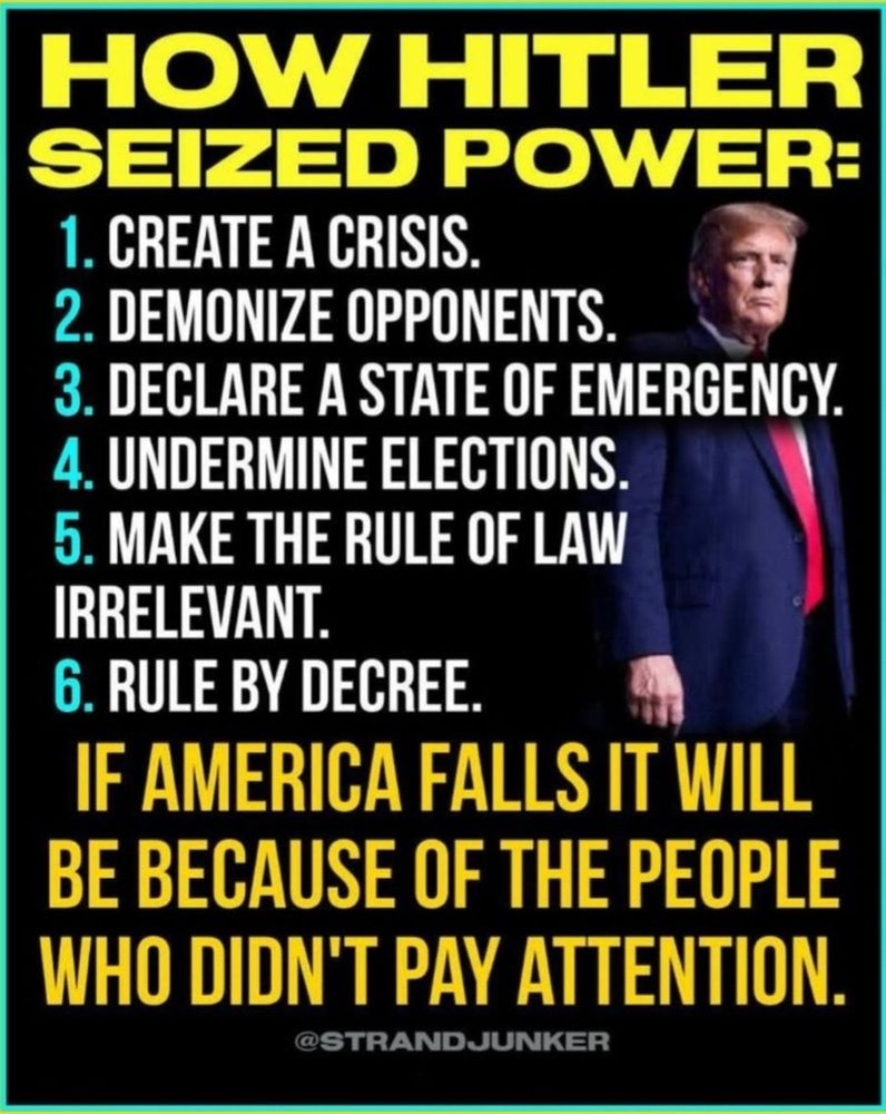 How Hitler seized power:
1. Create a crisis
2. Demonize opponents 
3. Declare a state of emergency 
4. Undermine elections
5. Make the rule of law irrelevant 
6. Rule by decree
If America falls, it will be because of the people who didn't pay attention. 