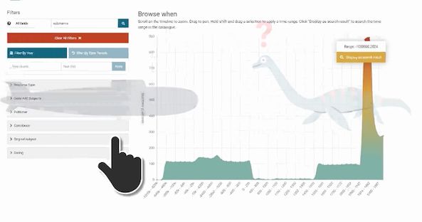 Screenshot from the video showing the time line with a submarine and dinosaur in the background