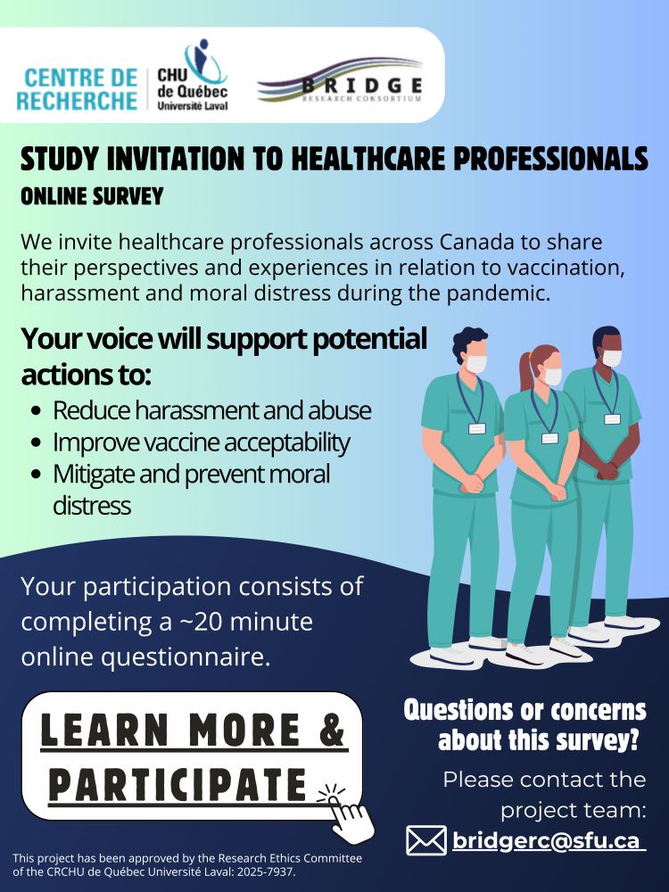 Poster re: a study invitation to healthcare professionals, inviting them to share their perspectives and experiences in relation to vaccination, harassment, and moral distress during hte pandemic