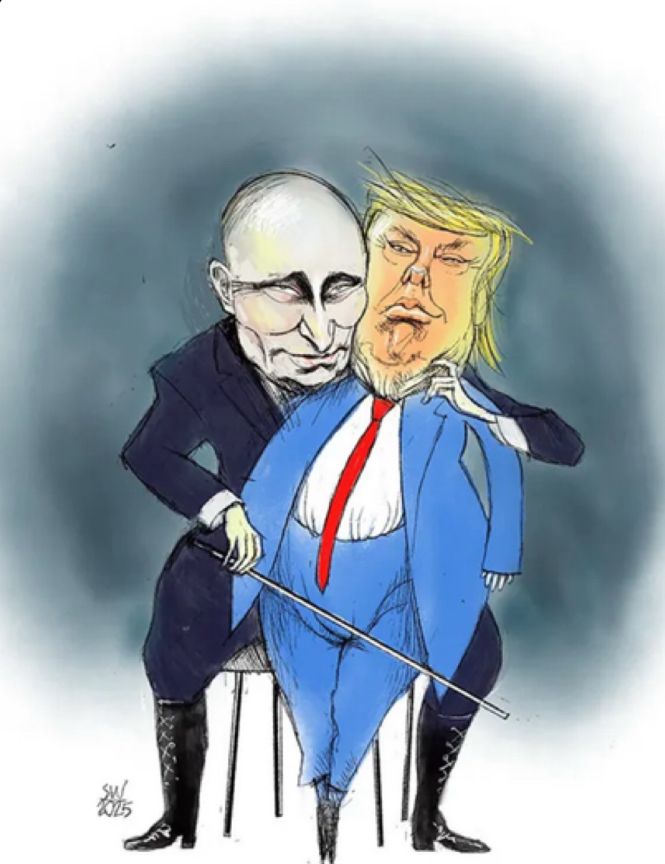 Putin holds Trump like a cello, with left hand to his throat and right drawing a bow across Trumps genitals