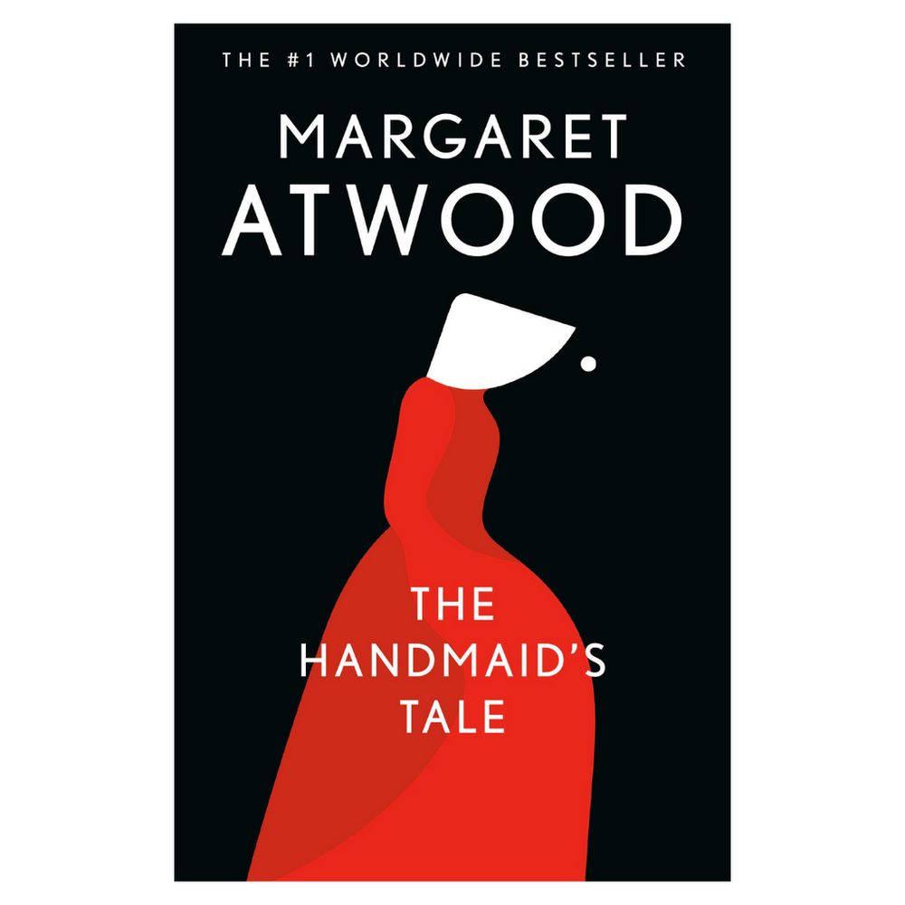 Cover of the book The Handmaid’s Tale by Margaret Atwood, featuring a woman in a long red dress with an old-fashioned white bonnet hiding her face.