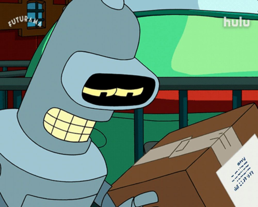 a cartoon of bender from futurama holding a box and an envelope