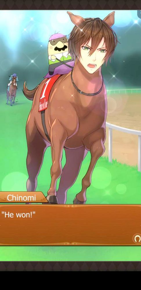 An image of hit mobile game "My Horse Prince" where the titular Horse Prince is winning a horse race