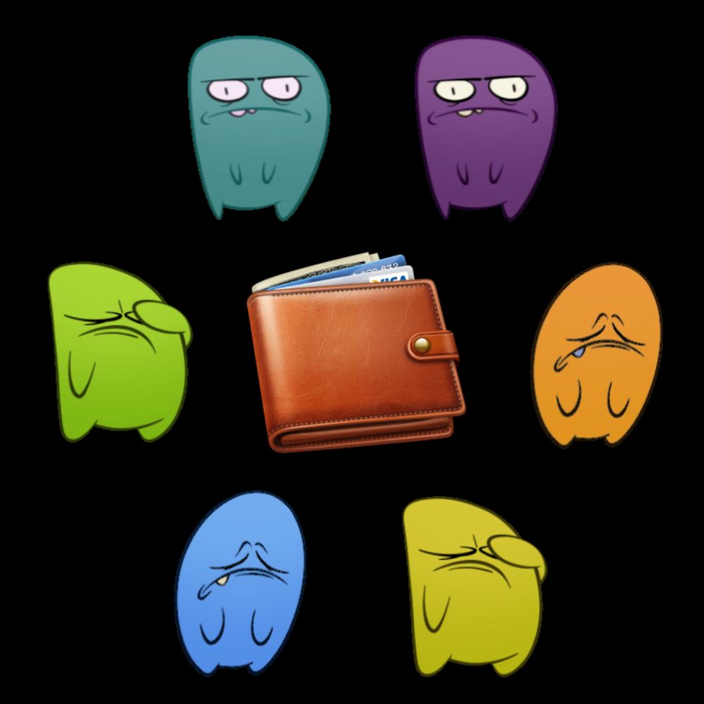 An image of a wallet surrounded by 6 multicolored steam error mascots