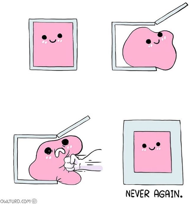 A comic strip depicting a pink blob leaving a box, only to be punched as soon as it does. The last panel shows the blob in a box with thicker walls, and the text "Never Again" underneath.