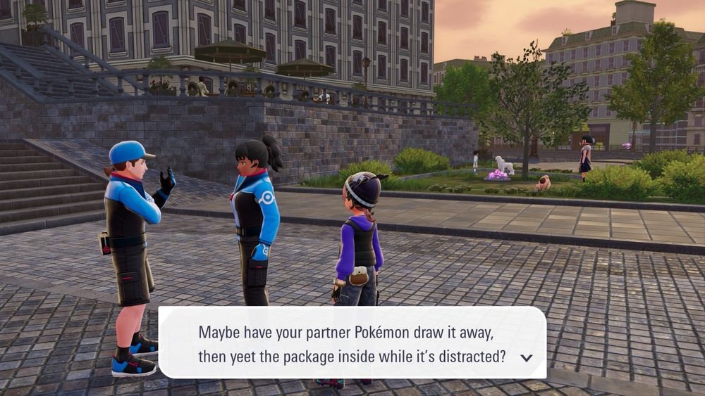 A conversation between two Courier NPCs in Pokémon Legends Z-A. The text box captured in the screenshot reads "Maybe have your partner Pokémon draw it away, then yeet the package inside while it's distracted?"