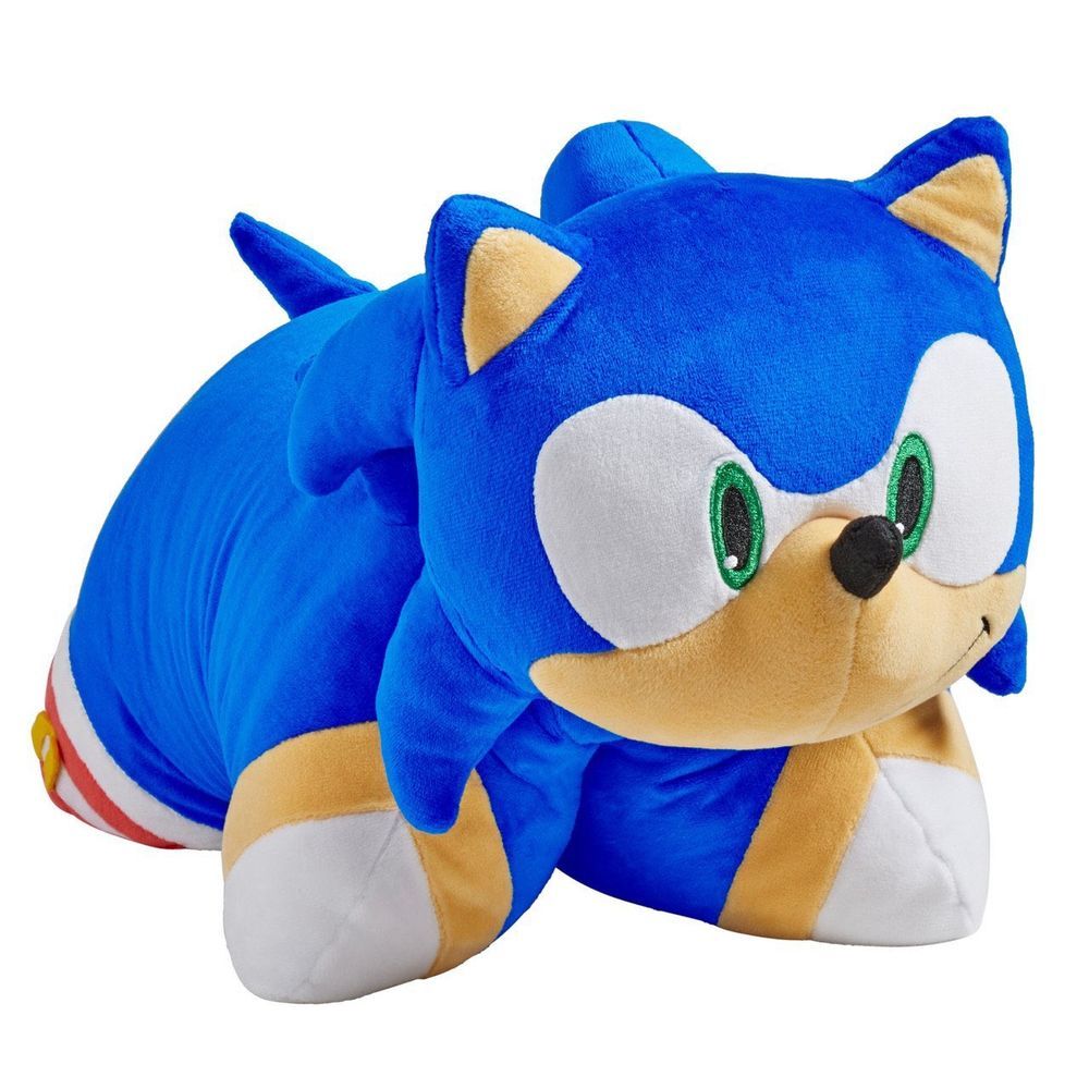 A picture of a Sonic Pillow Pet folded to appear as if he were on all fours.
