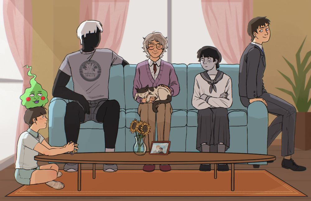 A group of people sits on a living room with relaxed expressions and body language. Most of them are visual variations of Shigeo Kageyama from Mob Psycho 100. From left to right, there are: a young boy version sitting on the floor; Dimple resting on the young boy's head; a faceless young adult with white hair and black skin sitting on a sofa; a middle aged woman sitting on the same sofa; a cat resting on the woman's lap; a monochrome girl wearing a middle school uniform also sitting on the sofa; and an adult wearing a business outfit sitting on the sofa's edge
