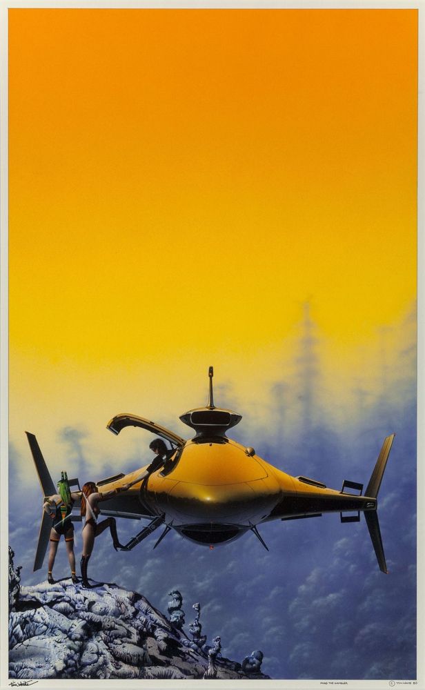 A sleek looking golden flier hovering next to a rocky outcrop. A gullwing hatch is open, the bottom half forming steps. Someone inside is offering a hand to the two steriotypical sf women in scanty clothing who stand on the outcrop. All set against a backdrop of out of focus purple grey jungle and a yellow orange sky.