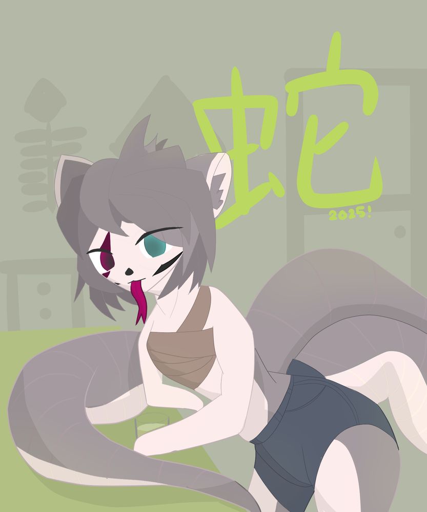 Anthropomorphic cat, with a disproportionally long tail with some resemblance to the tail of a snake.