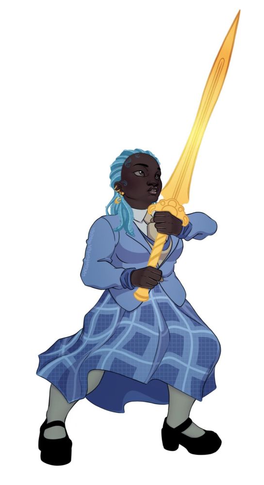 A 13-year-old Black girl with light blue hair styled into cornrows. She has multiple piercings on each ear, including two dangling crescent moons. She has a mole under her eye. Her uniform is lilac and gold. A buttoned up lilac jacket, a gold vest with purple lining, a gold tie, and a plaid, purple skirt. She has a slight gap between her two front teeth. She holds a large gold sword that's around the same size as her. She wears white tights, with black shoes.