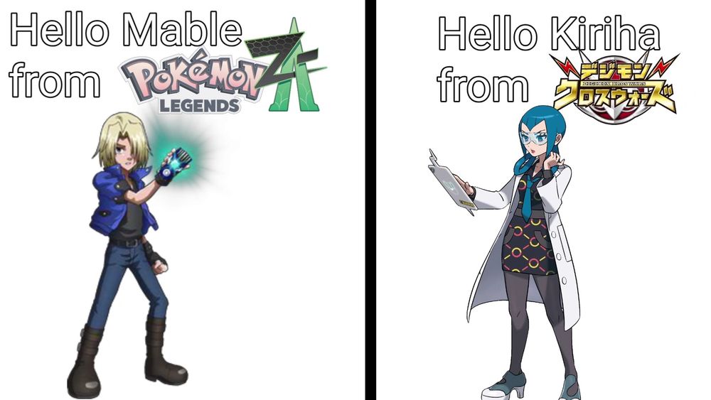 Hello character from meme featuring Kiriha from Digimon Xros Wars and Mable from Pokémon Legends Z-A
