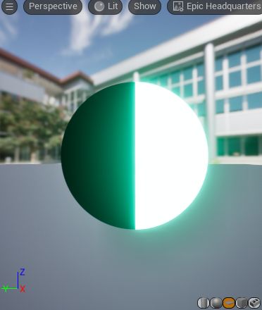 image of the unreal engine material preview screen showing a plane that has been morphed into a half filled glowing green circle. indicative of the artist really trying to learn in engine application.