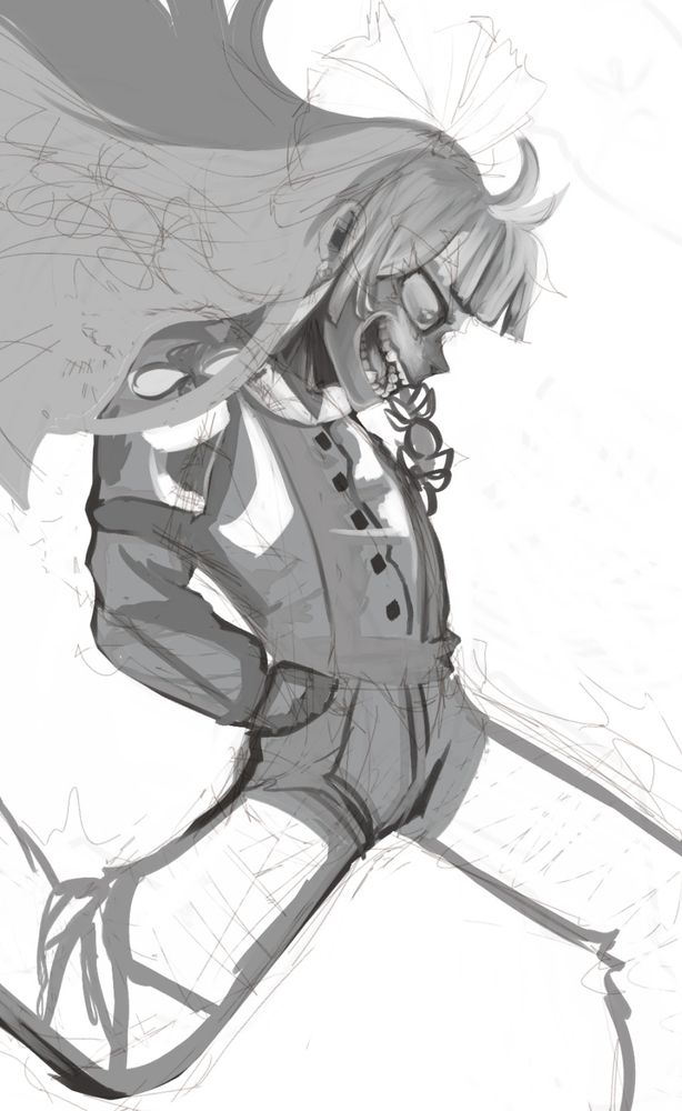 full body greyscale sketch of mokou from touhou. zoomed out to show her full body.