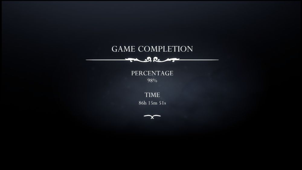 The game completion screen of Hollow Knight Silksong, showing 98% complete over 86 hours