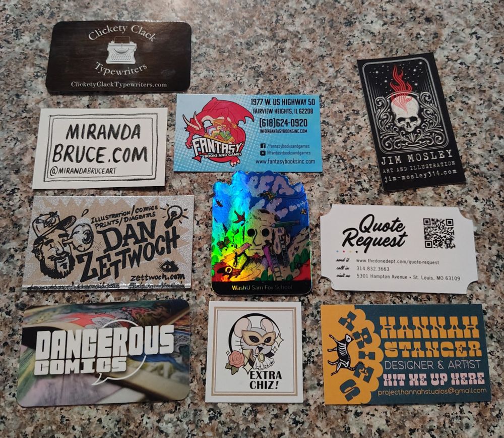 An array of artist cards from Miranda Bruce, Dan Zettwoch, Jim Mosely, Hannah Stanger, Extra Chiz! And more 