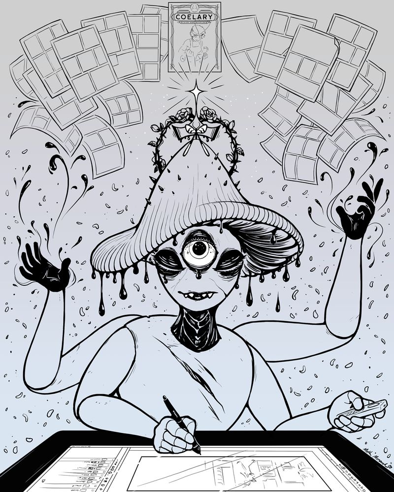 Digital ink drawing of an inky-cap mushroom person at a drawing tablet with lots of pages with comic panel divisions drawn on them arcing above their head. They have three eyes under their dripping cap; only the central one is open wide with a large round pupil looking up beyond the viewer and dark tears coming from all the eyes. Two lower arms with segmented fingers on their hands are interacting with the drawing tablet with a stylus and remote control. Two upper arms with dark hands send swirls up ink up toward the comic pages. At the top of their mushroom cap is a wreath of roses and thorns with a small hovering crown where a tiny antlion lacewing rests central; a four-pointed star rises from the peak of the crown, glowing just below the comic cover among the pages. Small thorns poke through the top of the mushroom person's cap, and they also have a deep gouge in their chest along with scratches on their face. Tiny petals fall in the space around the character.