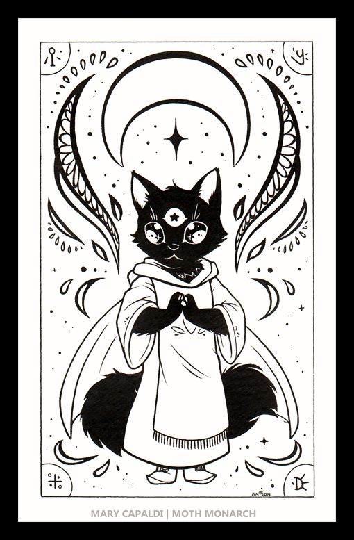 Scan of a traditional ink piece featuring a black cartoon cat in fairly simple robes and a cape surrounded by stylized magical swirls, sparkles, and a down-ward facing crescent moon overhead. The cat has large sparkling eyes and a third eye with a star as the pupil.
