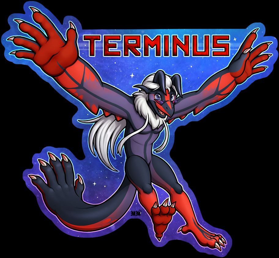 Badge art of a Yveltal-inspired character posed as if about to land with wings spread wide, legs reaching out, and tail ending in a large third hand trailing behind him. He's smiling at the viewer over triangular little tinted glasses. His body is red, purple, and black, and he has long white hair and a white ruff. The name "Terminus" appears between his raised hands. There is a starry blue and purple patterned cut-to-shape background.