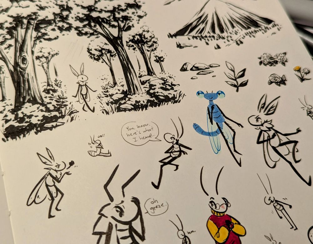 Photo of part of a sketchbook page filled with little cartoon insects and some ink nature drawing bits. Upper left, a small moth walks through a path between tall trees. Upper right, ink sketch of a mountain and some rocks and foliage. Rest of the page is various bug characters, a couple with some color, in various poses and expressions.