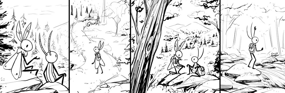 Four crops from black and white sketches of cartoon insect characters in nature scenes. First, a moth and firefly sitting on some rocks, with the moth gesturing as if in conversation. Second, a moth seen from behind with a little backpack, hand raised to their head to look far beyond them down a wilderness path. Third, a moth and beetle stopping together on a rock under a large tree trunk, the moth crouching and the beetle sitting leaning on their pack. Fourth, a bug with a little backpack standing on a large stone in a stream, waving and looking across beyond the bounds of the crop. All by Moth Monarch.