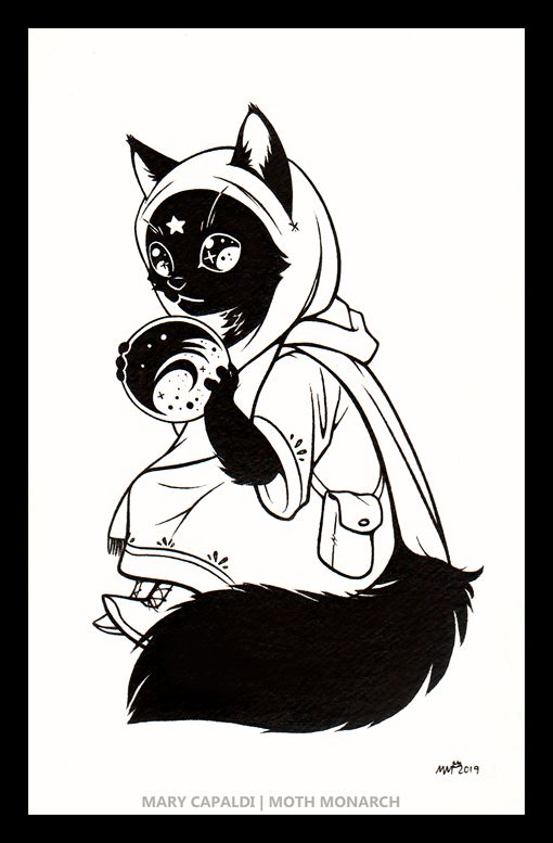 Scan of a traditional ink piece featuring a black cartoon cat in robes sitting and gazing at a magical orb held between its front paws. It has sparkling eyes and a star on its forehead. Little boots on its feet can be seen partly obscured by its bushy tail.