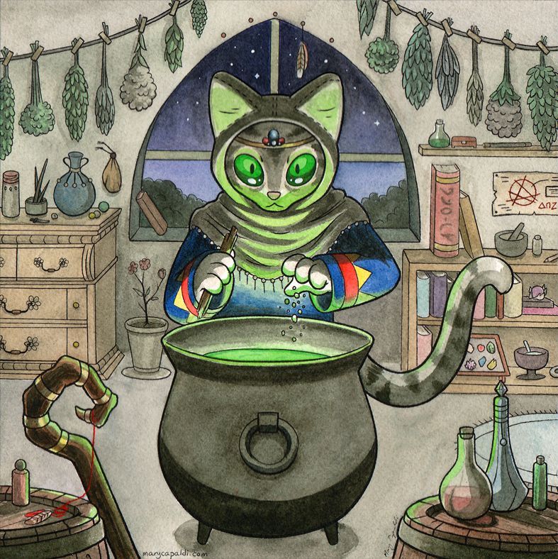 Ink and watercolor traditional artwork of a cat witch in a colorful robe and a gray hood with ears looking up with a serious expression from her cauldron. She's holdings some sticks in one hand and dropping some small materials into the green liquid, which is throwing a tinted glow onto her face and clothes. Around her are various furnishings and magical tomes and trinkets, including herbs hung up to dry on either side of the room behind her and her wooden staff with golden rings on the crook resting against a barrel in the foreground. She is framed centrally from behind by a gothic window into the night outside.