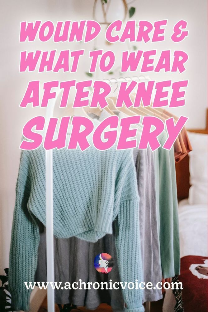 Wound Care & What To Wear After Knee Surgery. (Colourful pastel sweaters are hung neatly on a clothes rack, with a bed at home behind.)