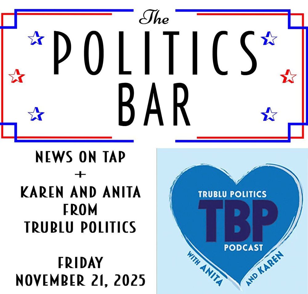 Collage of the Politics bar logo, news on tap, guest names, date, and logo of TruBlu politics