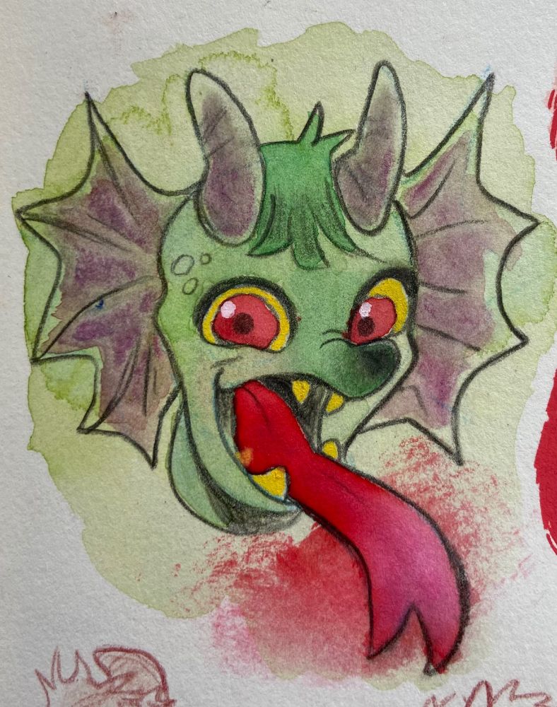 green demon character. spread fins like a Dilophosaurus. Red eyes and red long tongue sticking out