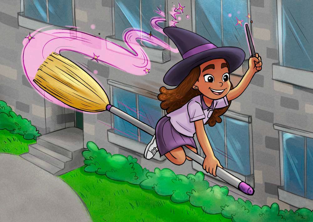 colorful illustration of young girl witch flying on her broom and casting a spell.