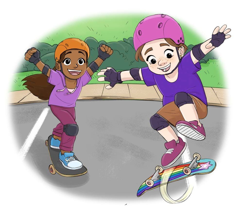 illustration of two girls skateboarding. The girl in the foreground is doing a kickflip. The girl in the background is cheering her on.