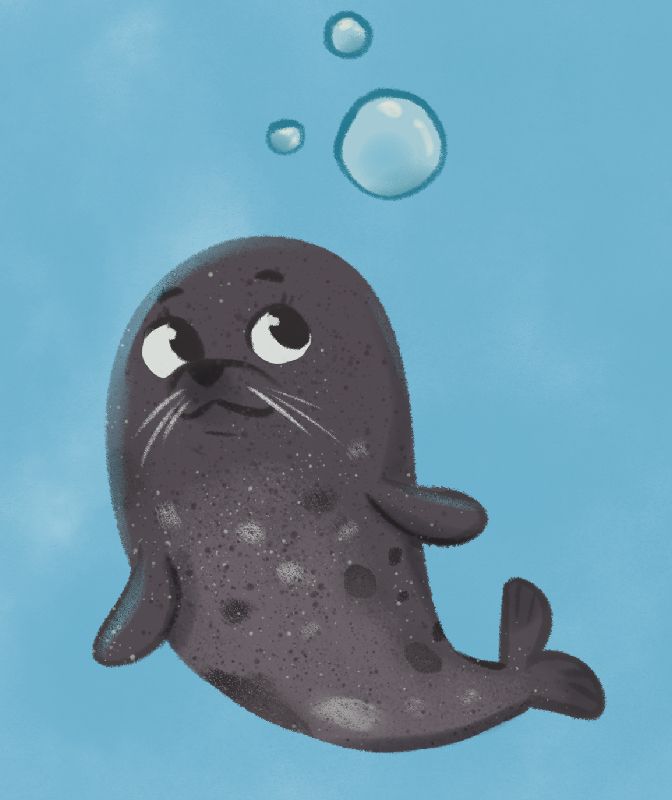 illustration of a stylized seal on a blue background looking at bubbles above