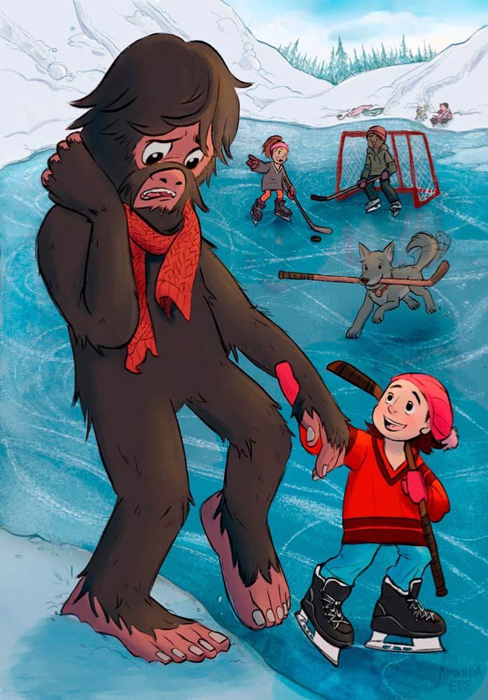colorful blue tinted illustration of sasquatch dressed in a scarf being led onto the ice  to learn ice skatingby a child in ice skates