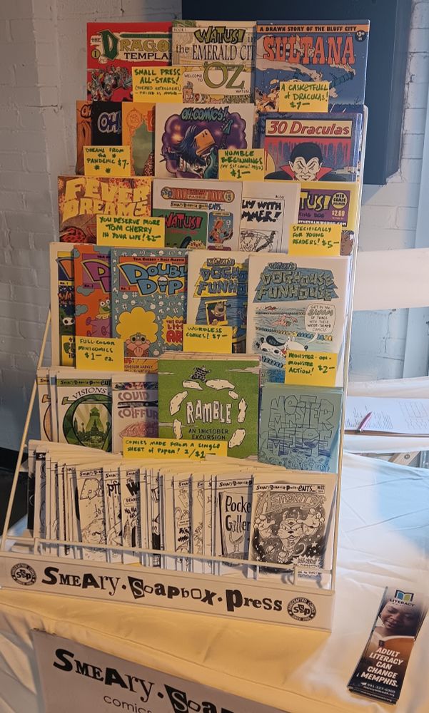 Display of handcrafted comics by artist/writer Dale Martin, at Memphis' SKOL-astic Book Fair, August 9, 2025.