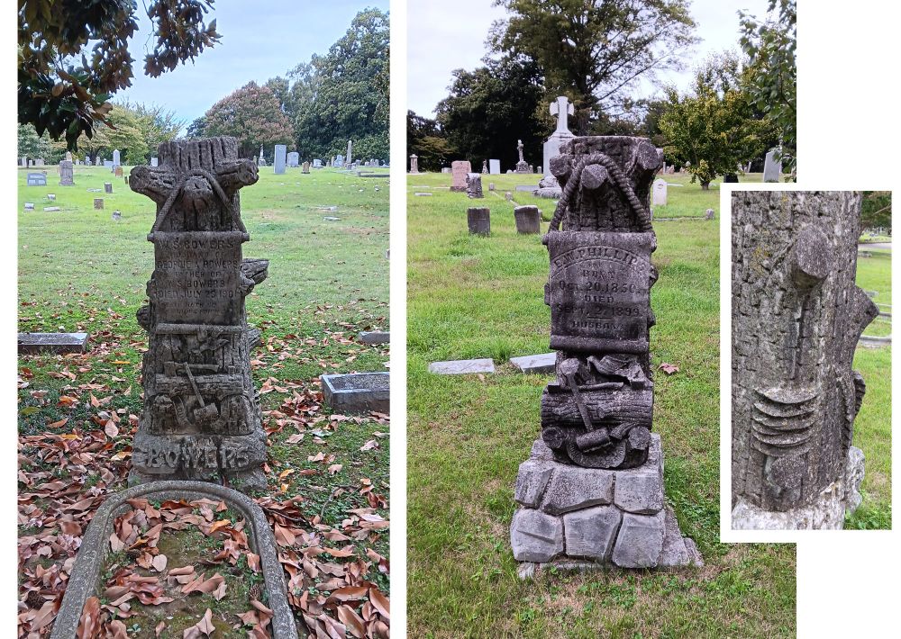 Two headstones in Elmwood Cemetery, Memphis. Carved in the shape of a tree stump, they share the same iconography of a hanging scroll, a bird, and a hatchet wedged into a log.
