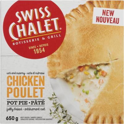 Image of a frozen Swiss Chalet chicken pot pie package.