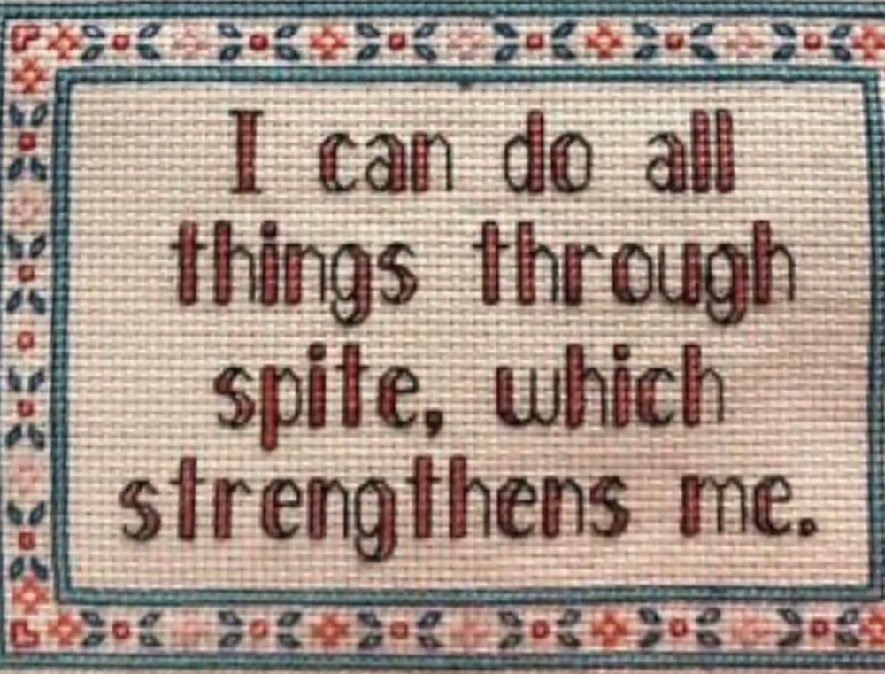 Cross-stitched sampler that reads “I can do all things through spite, which strengthens me.”