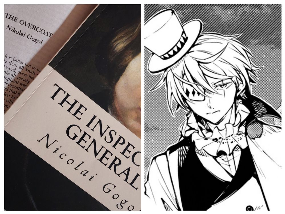 On left, covers of Gogol's the Overcoat and The Inspector General; on right, Bungo Stray Dogs manga panel of Nikolai Gogol 
