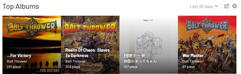 Top albums du mois dernier sur last.fm.
3 albums de Bolt Thrower et le dernier album de Shinsei Kamattechan au milieu.